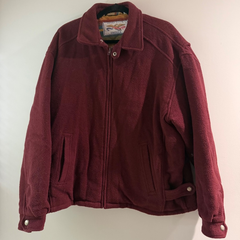 Vintage Perry Ellis America Bomber Jacket Mens Large Burgundy Wool Blend 90s Y2K